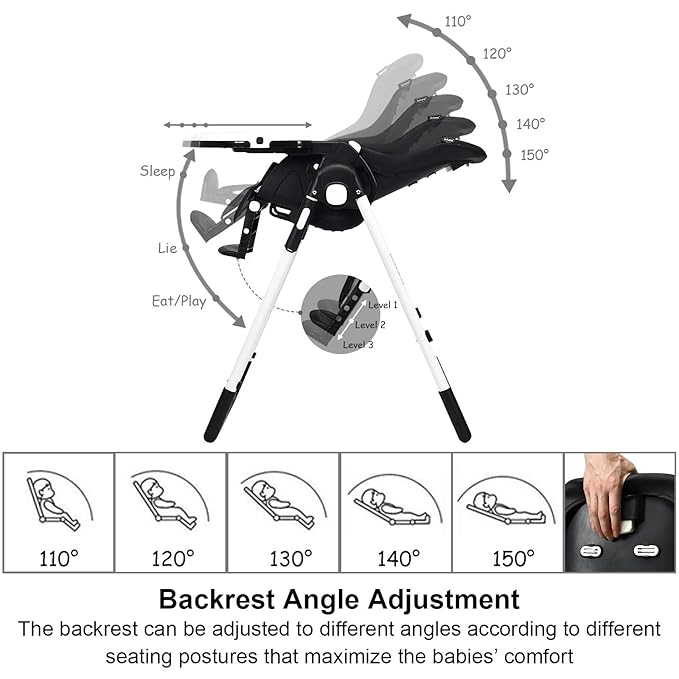INFANS High Chair for Babies & Toddlers, Foldable Highchair with Multiple Adjustable Backrest, Footrest and Seat Height, Removable Tray, Detachable PU Leather Cushion, Built-in Rear Wheels (Black)