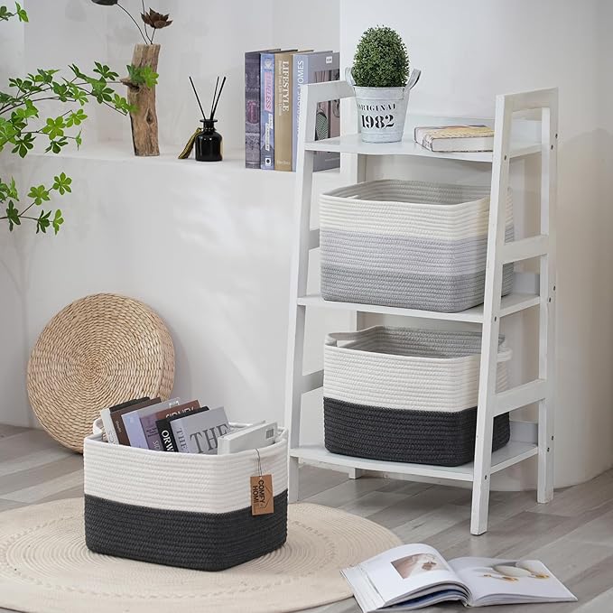 COMFY-HOMI Cotton Rope Woven Basket with Handles for Shelves,Toys,Book, Cloth Storage Baskets Bin for Organizing-13.5"x11"x9.5" Toy Decorative Organizer for Living Room, Bathroom-White/Dark Grey