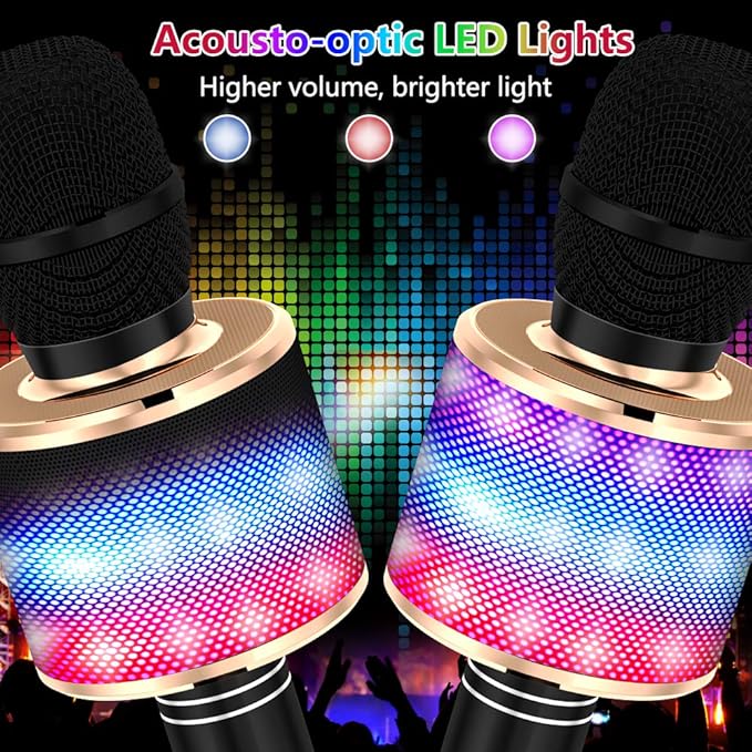 Amazmic Kids Karaoke Microphone Machine Toy Bluetooth Microphone Portable Wireless Karaoke Machine Handheld with LED Lights, Gift for Children Adults Birthday Party, Home KTV(Black Gold)