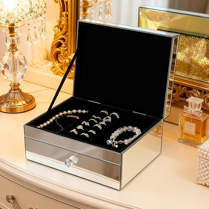 2 Layer Mirror Glass Jewelry Box with Crushed Diamond Decor, Velvet-Lined Trinket Organizer for Rings Earrings Necklaces Bracelets - Elegant Treasure Chest Storage Case for Women Girls