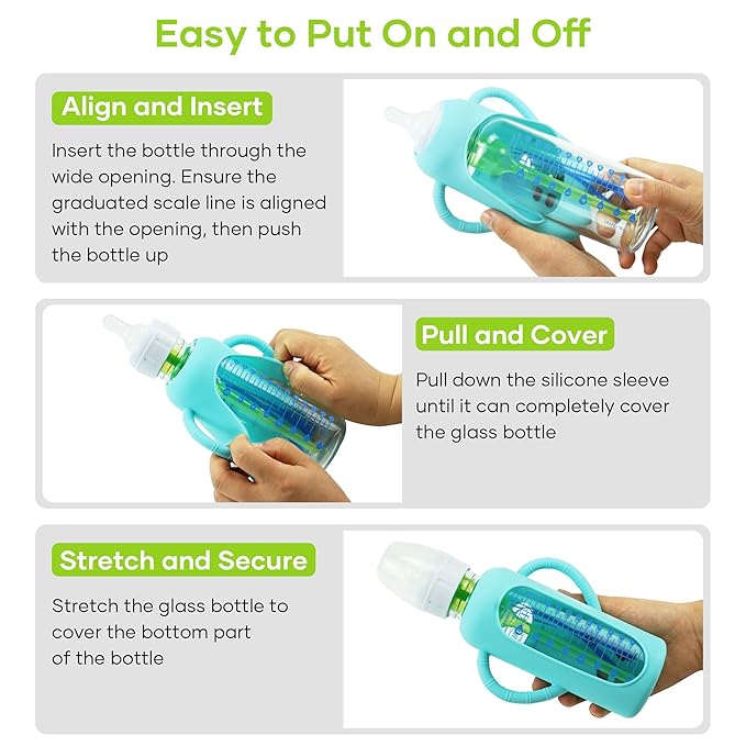 4 Pack Silicone Sleeves for Dr. Brown's Glass Baby Bottles, Anti Breakage Durable Baby Bottle Holder with Easy Grip Handles, Narrow Sleeve with a Cutout, Dishwasher/Freezer/Microwave Safe, 8 oz