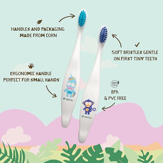 Jack N' Jill Kids Toothbrush - Extra Soft Bristle Toothbrush for Kids, Handle & Packaging Made from Plants (Corn), Ergonomic Handle for Little Hands - Bunny Baby (2 Pack)