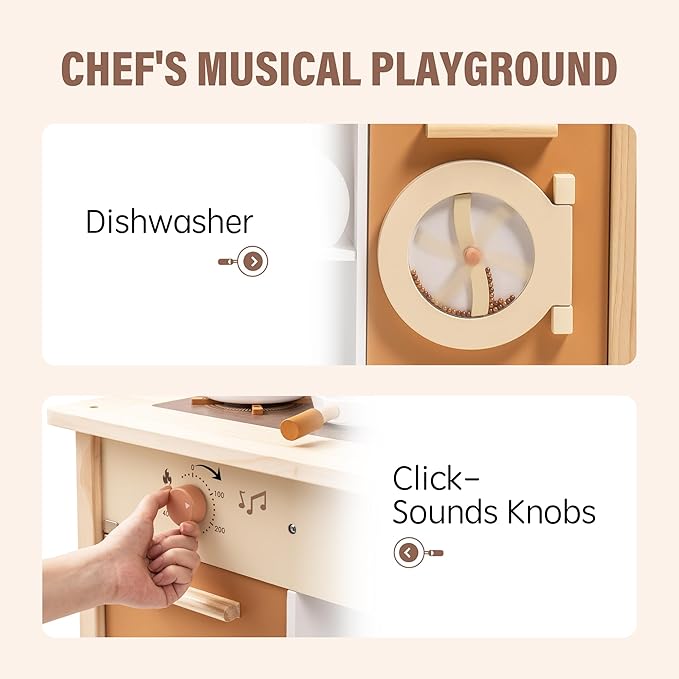 ROBOTIME Wooden Play Kitchen Set, Play Kitchen Set for Kids with Realistic Design, Kids & Toddlers Kitchen Playset with Dishwasher, Toy Kitchen Set for Boys and Girls Ages 3+ (Brown)