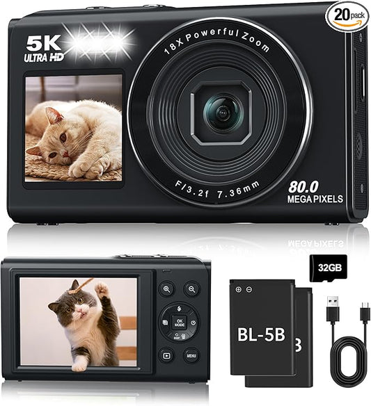 5K Digital Camera, Dual Screens Camera with 18X Digital Zoom, Compact Vlogging Camera for Teens, Beginner-Friendly Gift Pack, 32GB Card & 2 Batteries, Black