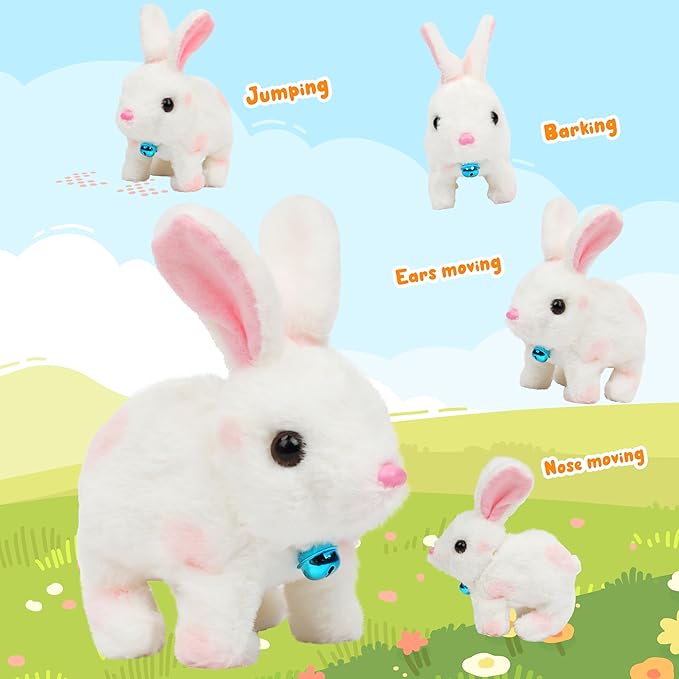 Easfan Bunny Plush Toy Jumping Spotted Rabbit Talking Hopping Ears Nose Moving Educational Plush Toy Singing Shaking Glowing Interactive Toy Electric for Toddlers Kids