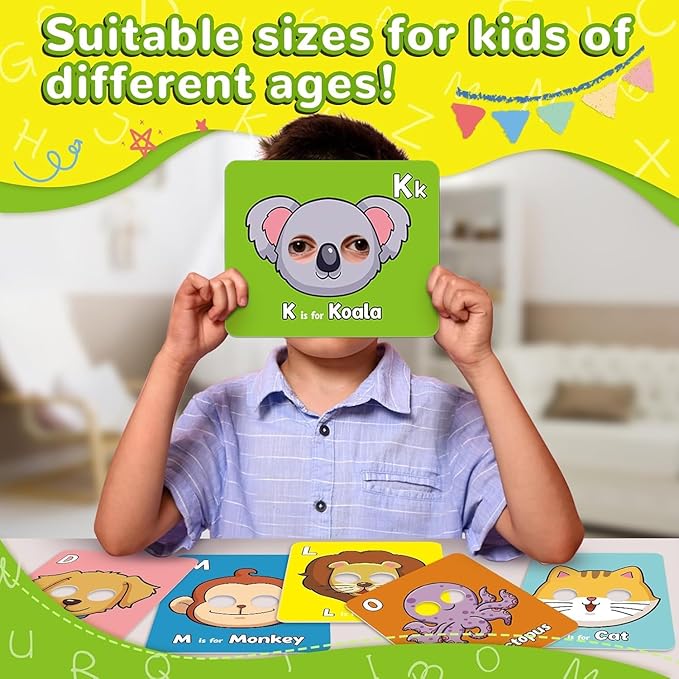 Alphabet ABC Flash Cards with Animal Masks, Animal mask Alphabet Cards, Interactive Education Games, Learn Letters, English Phrases(26 Pcs Colorful)