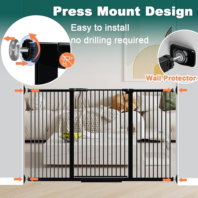 Fairy Baby 40.5" Extra Tall Baby Gate for Stairs, Fits Openings of 40.6" to 54.7" Wide, Extra Wide Dog Gate Indoor, Pressure Mounted Walk Thru Swing Auto Close Metal Puppy Barrier for Doorway, Black