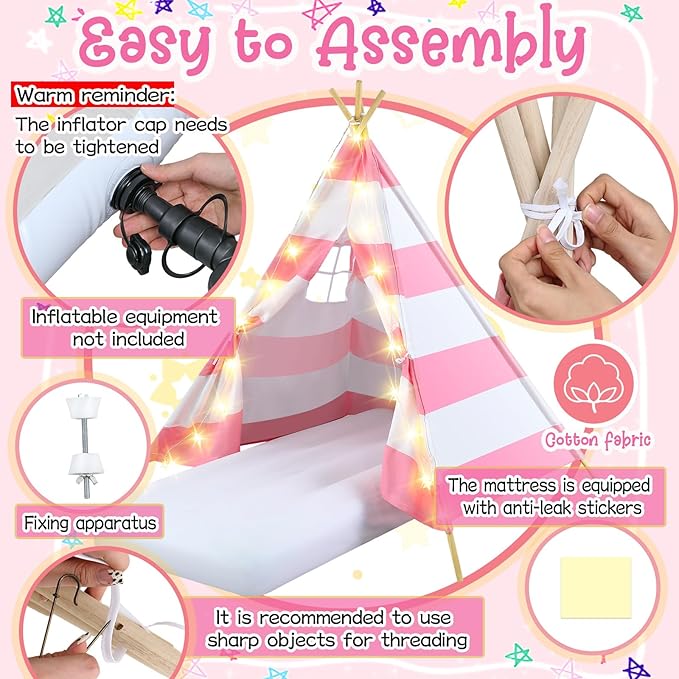 2 Pack Kids Teepee Tent with Mattress,Fitted Sheet,Light String,Washable Natural Cotton Toddler Play Tent for Girls Boys Indoor Outdoor Sleepover Slumber Birthday Party(Pink and White)