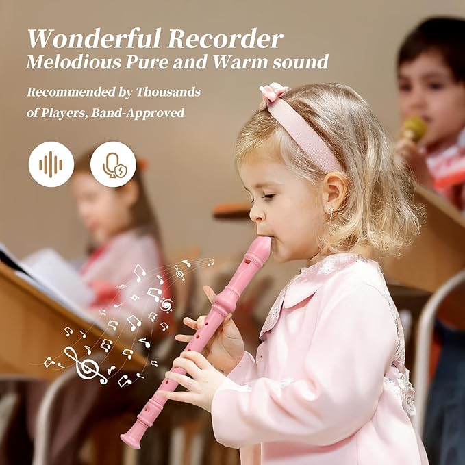 Soprano Recorder for Kids Beginners, German Fingering, C Key, 3 Piece with Cleaning Rod, Bag, Fingering Chart (Pink)…