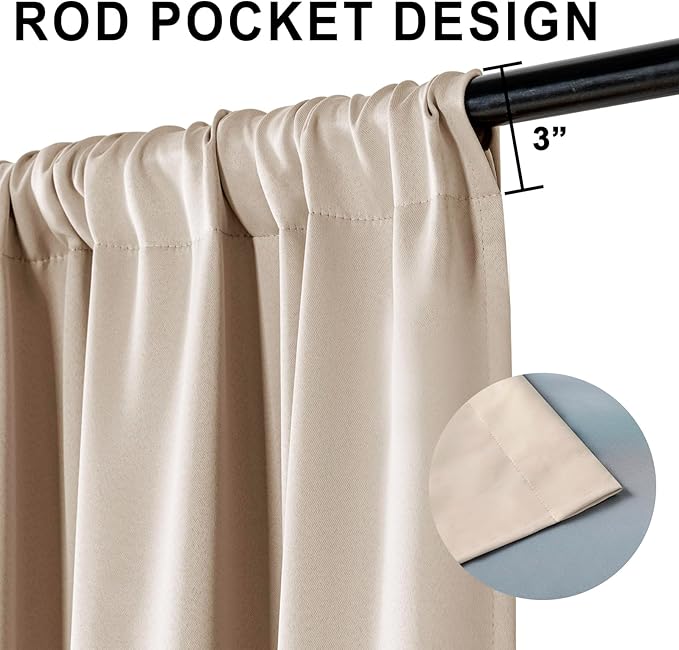 XWZO 100% Blackout Curtain Panels - Double Layer Full Room Darkening & Energy Efficiency Rod Pocket Window Panels with Tiebacks for Bedroom/Living Room, Biscotti Beige, W52 x L45, Set of 2