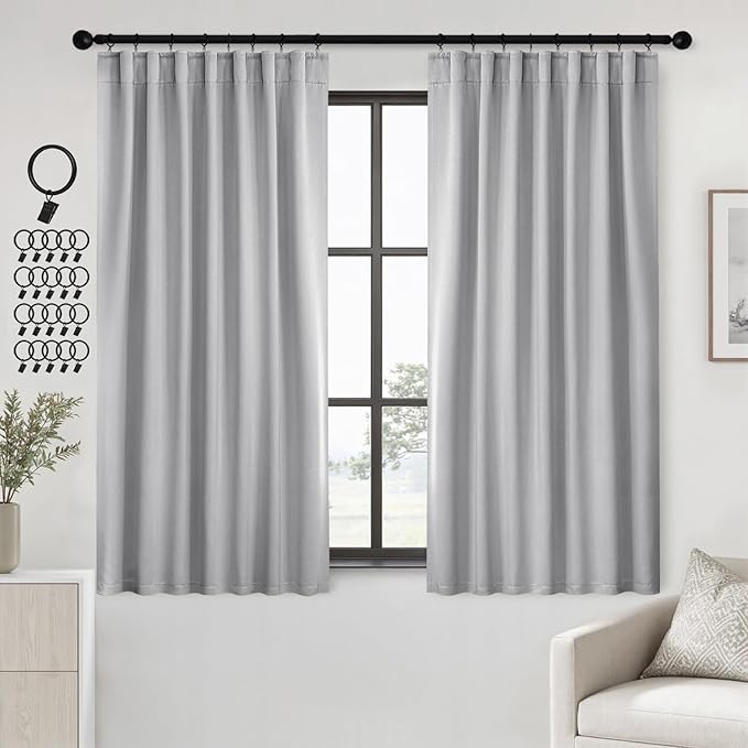 ANRODUO Back Tab Blackout Curtains for Bedroom Living Room, Rod Pocket Pinch Pleated Thermal Insulated Room Darkening Curtains 63 Inches Long 2 Panels, Light Grey, 42 x 63 Inch