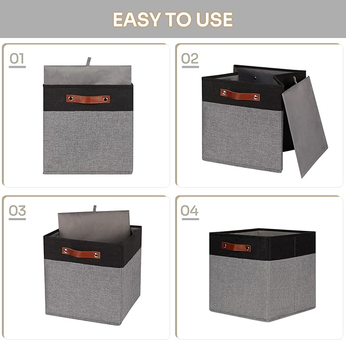 HNZIGE Storage Baskets for Organizing, Set of 4, Square Fabric Storage Cubes Bins 13 x 13, Collapsible Black Storage Bins for Shelves, Closets, Nursery, Home, Office (Black&Grey)