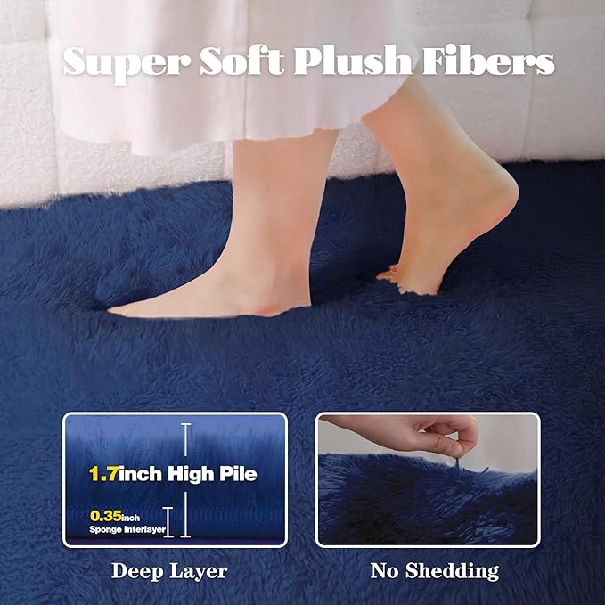 8x10 Area Rug for Living Room: Fluffy Shag Soft Washable Rugs Large Fuzzy Plush Indoor Carpet for Bedroom Nursery Playroom Kids Girls Boys Room (Navy Blue, 8'x10')