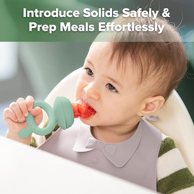 Haakaa Baby Fruit Food Feeder & Mini Freezer Nibble Tray Combo, Breastmilk Popsicle Molds for Cooling Relief, BPA Free Silicone Feeder for Safe Infant Self Feeding, 4 Month+ (Pea Green)