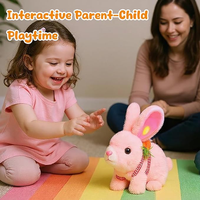 Easfan Hopping Pink Bunny Interactive Electronic Pet Plush Glowing Toy with Sounds Jumping Rabbit Ears Moving Educational Plush Toy Easter Birthday Gifts for Kids Girls, 7''