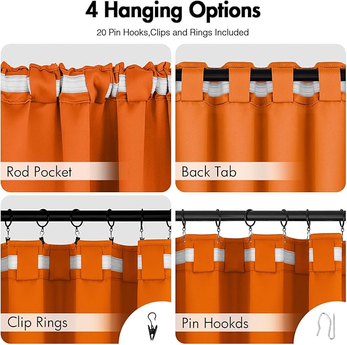 ANRODUO Back Tab Blackout Curtains for Bedroom Living Room, Rod Pocket Pinch Pleated Thermal Insulated Room Darkening Curtains 54 Inches Long 2 Panels, Orange, 42 x 54 Inch