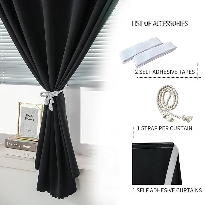 Adhesive Blackout Curtains- Self Stick Shades Window Blinds Curtains No Rod Needed Easy to Hang Curtains, Use for Bedroom, Living Room, Dining Room, Kitchen, Home Office, 47"W X 79"L, Black, 1 Panel