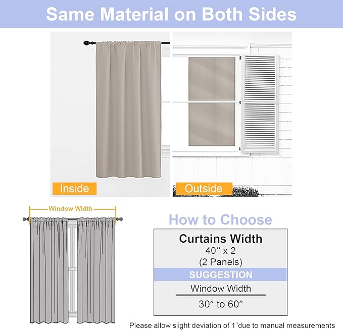 Simplebrand Ava Stone Short Blackout Curtains for Bedroom 45 Inches Long 2 Panels Set, Solid Thermal Insulated, Energy Saving Window Treatment Curtains Blackout Drapes, W40 x L45 Inch, Stone
