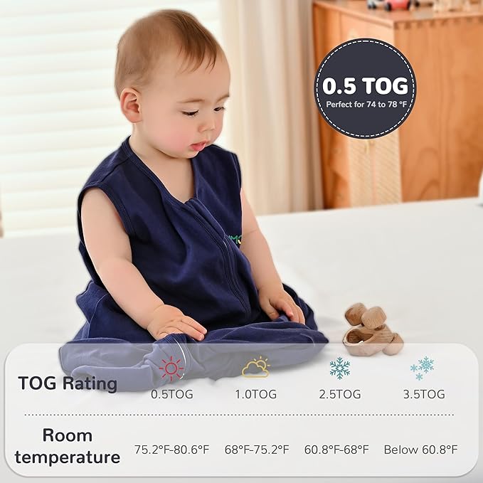 JELLYMONI Baby Sleep Sack 12-18 Months 100% Cotton Wearable Blanket, 0.5 TOG Soft Lightweight Toddler Sleeping Sack 3 Pack 2-Way Zipper Newborn Sleep Sacks