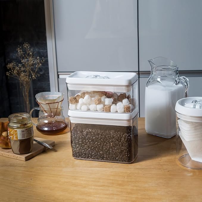 Felli Flip Tite Storage Container with Lid 4” RECTANGULAR Airtight Ring Flip Top, Stackable Kitchen Counter Pantry Organizer Acrylic Canister Jar for Pasta Spaghetti Cereal Granola Coffee (1.9qt)