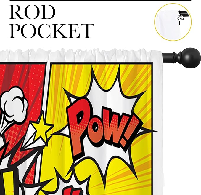 Superhero City Wars Explosion Rod Pocket Blackout Curtains for Boy Girl Bedroom, Colorful Comics Ar Thermal Insulated Home Window Drapes for Living Room Darkening, 55x63 inch