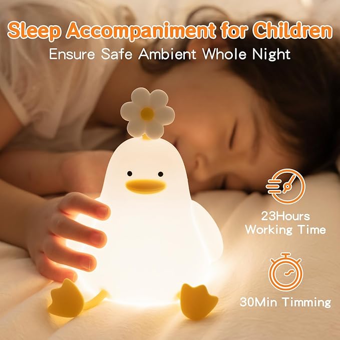 Cute Duck Night Light for Baby, Kids, Toddler, Ambient Nursery Nightlight, Soothing Lamp 3 Level Dimmable, Sleeping Accompanion for Bedroom Bedside, Rechargeable Battery, 30 Min Timer Off