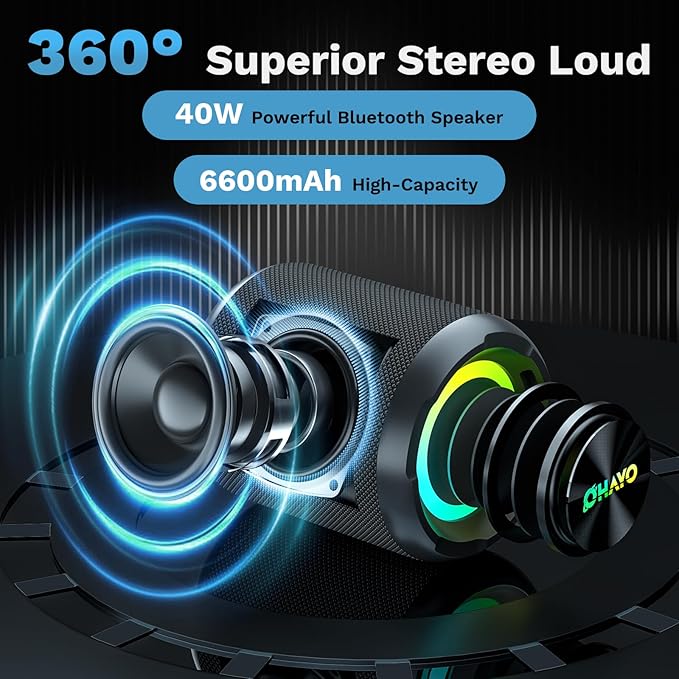 OHAYO 40W Wireless Portable Bluetooth Speaker with Lights, IPX7 Waterproof, Loud Sound, RGB Lights,TWS Pairing, AUX&TF-Card in, for Home/Party/Travel/Outdoor/Beach