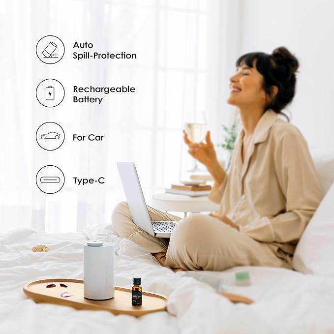 Waterless Diffuser for Essential Oil, Battery Operated Nebulizer, 0.7 Fl.Oz./ 20mL Capacity, Mini Scent Air Machine, 3 Countdown Timers & 3 Mist Levels for Home, Room, Car, Office - AN6 White