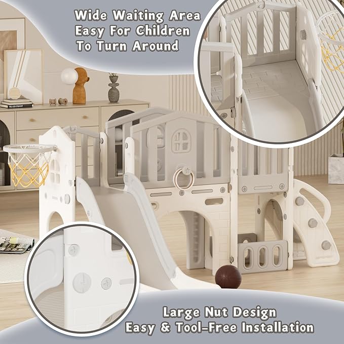 XJD 9 in 1 Toddler Slide Set, Kids Slide for Toddlers Age 1+, Toddler Climber Slide PlaySet with Basketball Hoop and Ball,Outdoor Indoor Playground for Toddlers 1-3 (Gley)