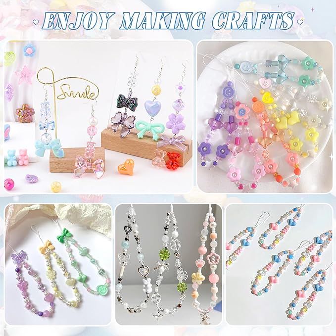 Assorted 400PCS 8 Colors Mixed Acrylic Beads for Bracelet Making, Flower Bow Butterfly GummyBear Aesthetic Bracelet Charms,Cute Beads for Jewelry Making DIY Necklace Keychain Phone Charm