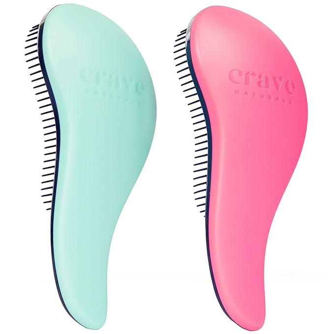 Crave Naturals Glide Thru Detangler Brush Pack of 2 - Curly Hair Brush for Women and Kids - Wet and Dry Comb for Adults - Soft Flexible Bristles for Gentle Use - Turquoise and Pink
