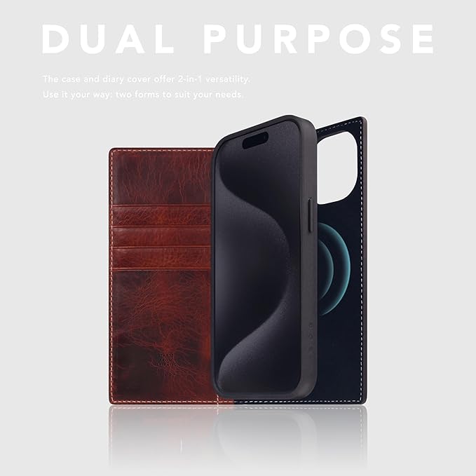 D7 Italian Wax Leather Wallet Case for iPhone 15 - [2-in-1] Handcrafted Detachable Diary Style with Magnetic MagSafe Back Cover, Gift Box Included (Brown)