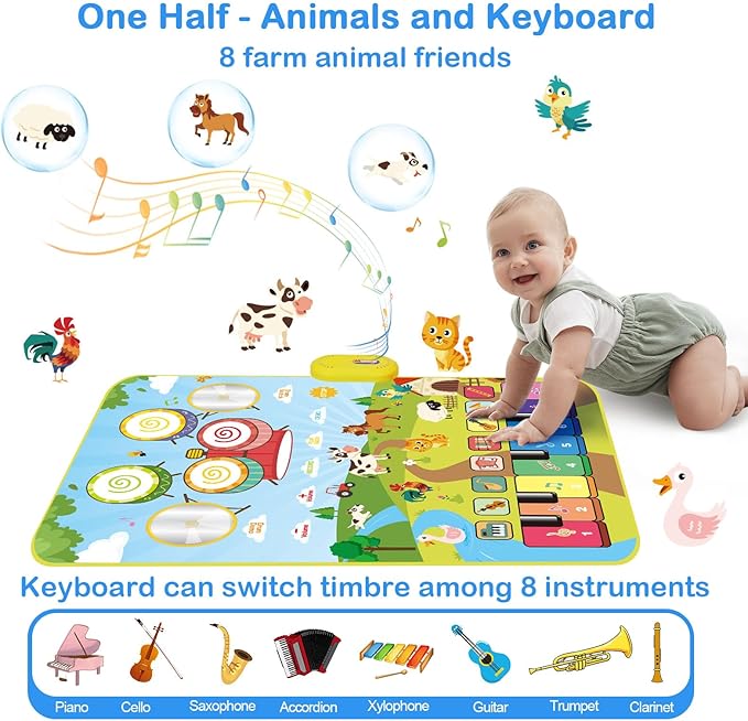 Foki 3-in-1 Musical Mats, Child Floor Piano Drum Animal Music Play Mat Montessori Sensory Early Educational Musical Learning Toys for Baby Girls Boys Birthday Toddlers 1-5 Years Old