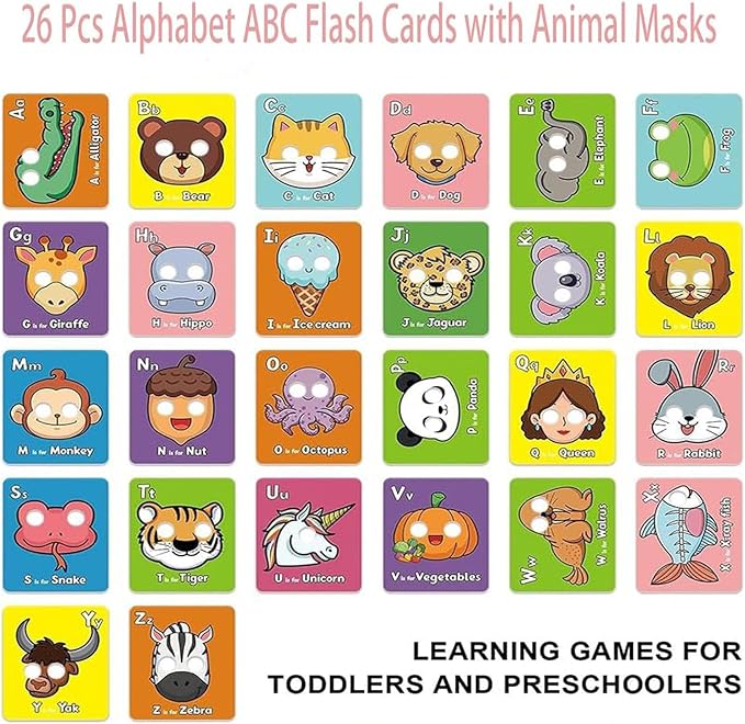 Alphabet Flash Cards,Giant ABC Animal Mask Flash Cards,with Animal Masks, Colorful Alphabet Mask Cards, Interactive Education Games (26pcs)