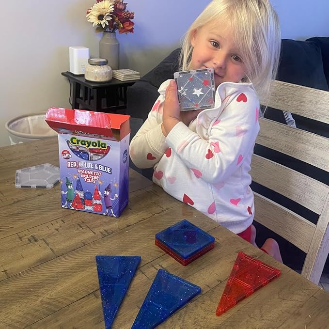 CreateOn Crayola Red, White & Blue Magnetic Tiles 14pc, Building Set for Kids, Magnetic Toy, Travel Toys, Classroom Sensory Toy Blocks, STEM & Montessori Tools for Boys & Girls Ages 3+, 14-Piece Set
