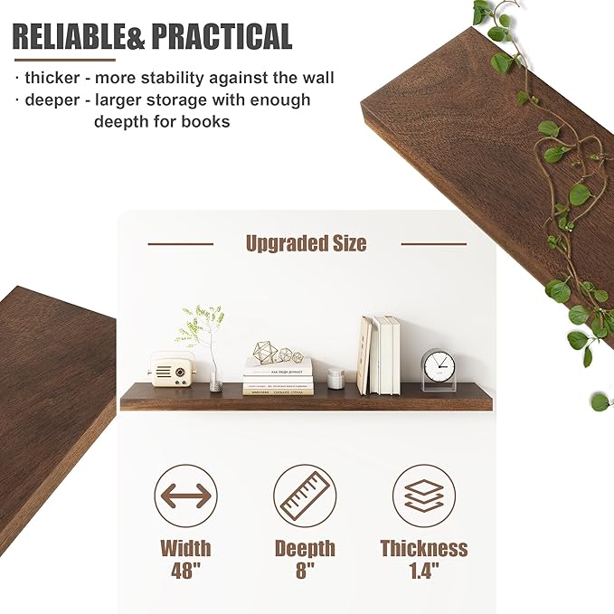 Floating Shelves for Wall, USA-Sourced Walnut Wood 48 Inch Long Wall Shelves, Natural Wooden Wall Mounted Picture Ledge Shelf, Nursery Book Storage Shelf Kids Bookshelf, Display Shelf for Bathroom