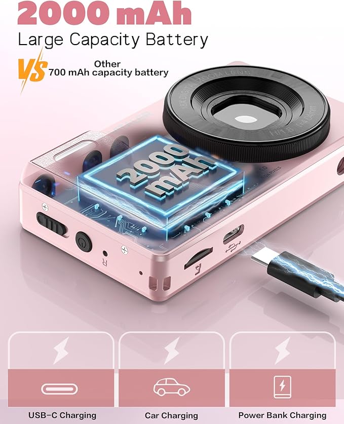 Digital Camera with Front Rear Lens, Autofocus 64MP 4K Camera for Photography with 32GB Card, Portable Compact Point and Shoot Camera for Teens Adult Beginner with Metal Shell, 2000mAh Battery