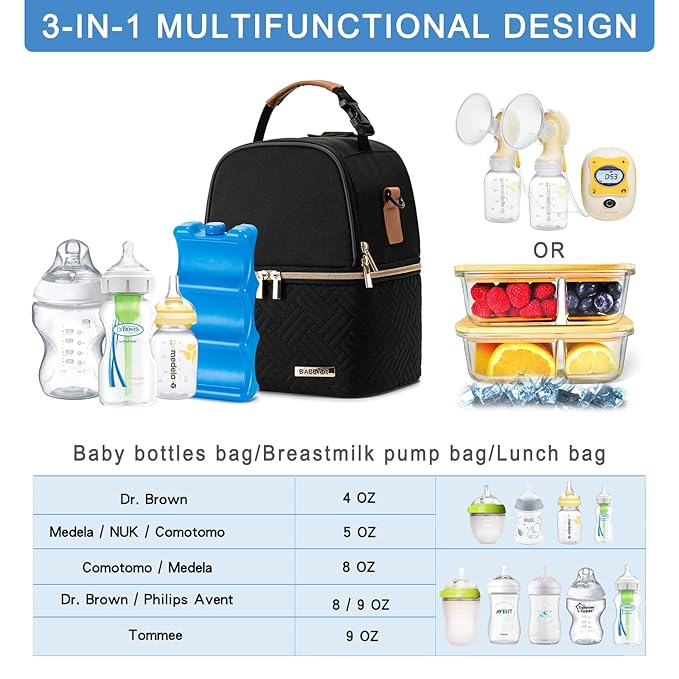 Breastmilk Cooler Bag with Ice Pack Fits 6 Baby Bottles up to 9 Ounce, Breast Milk Pump Cooler Bag with Shoulder Strap for Nursing Mom Daycare, Work, Travel- Black
