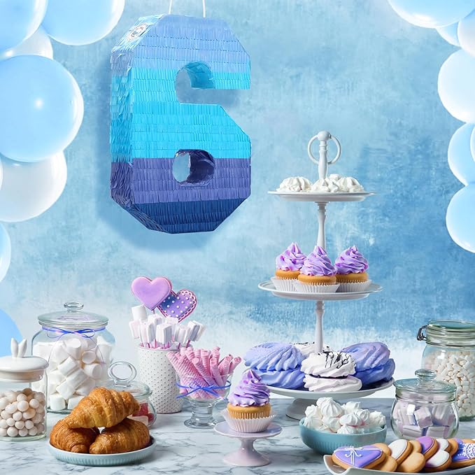 Sratte Number 1 2 3 4 5 6 7 8 9 Piñata with Stick Blindfold Confetti, Gradient Blue Piñata for Kids Boys Girls Birthday Party Anniversary Decorations Supplies(Number 6)