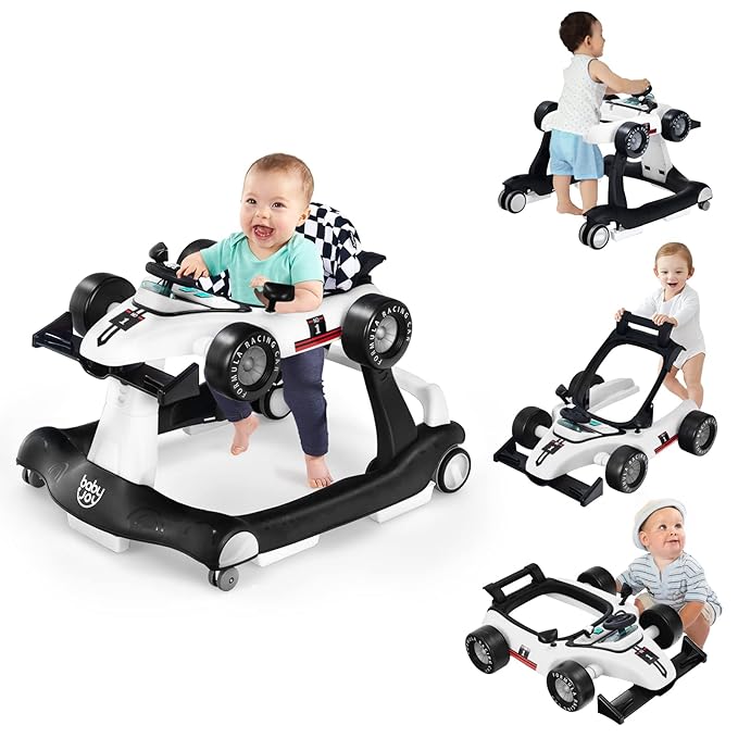 BABY JOY 4-in-1 Baby Walker, Foldable Activity Walker with Adjustable Height & Speed, Music, Lights, Anti-Rollover, Toddler Push Walker, Baby Walker with Wheels for Boys Girls 6-18 Months (White)