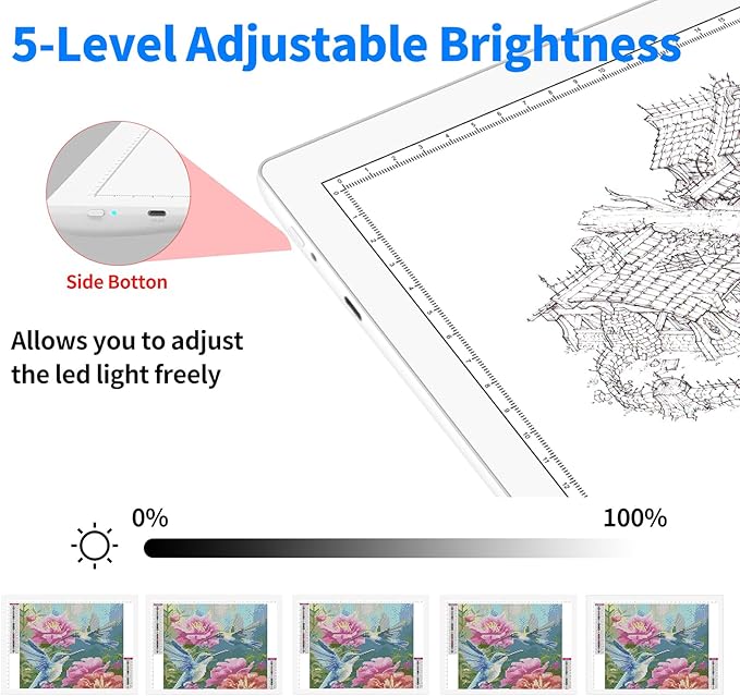 A4 Rechargeable Light Pad, KOBAIBAN Wireless Magnetic Tracing Light Box, 5 Levels Brightness LED Light Board, Cordless Battery Powered Light Drawing Table for 5D DIY Diamond Painting, Sketching(White)