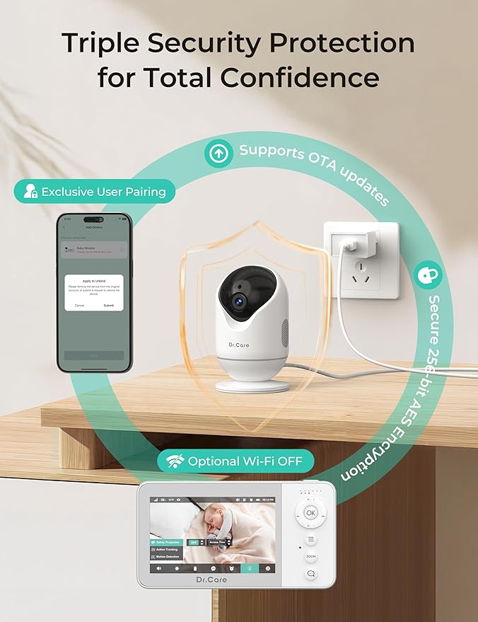 VistaView Lite RB Smart WiFi Baby Monitor - 4” 720P Split Screen & 1080P Camera App Control, Motion Alerts, 2500mAh Removable Battery, HD Night Vision, 2-Way Talk, Multi-User, Triple Security