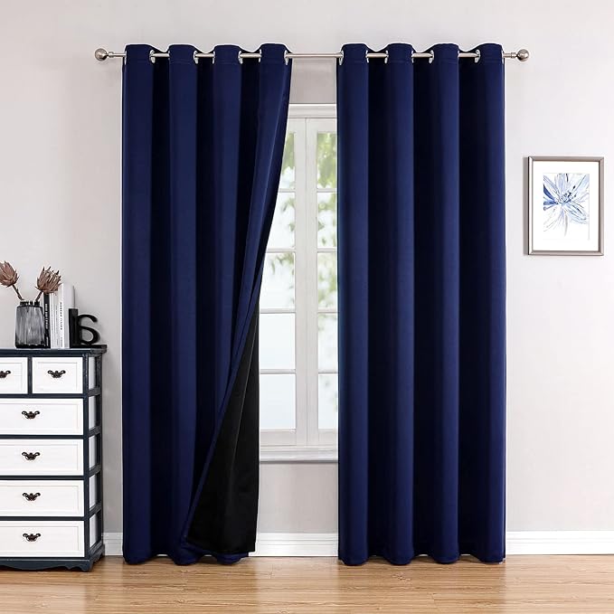 ChrisDowa 100% Blackout Curtains for Bedroom with Black Liner, 2 Thick Layers Total Blackout Thermal Insulated Grommet Window Curtains 2 Panels Set (Navy Blue, 52 x 84 Inch)