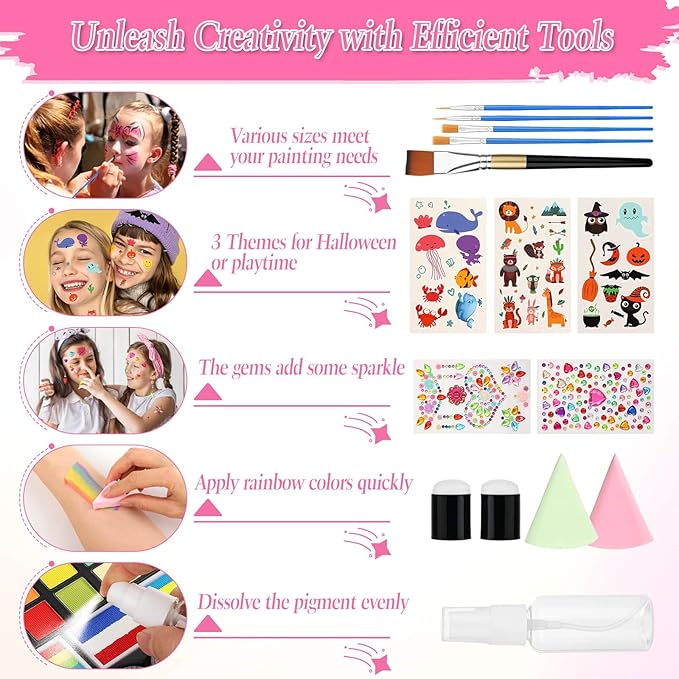 Face Painting Kit for Kids, 27 Colors Non-Toxic Paint with Brushes, 16 Crayons, 6 Reusable & 40 Sticky Stencils, Face Gems, Tattoos for Cosplay Parties & Halloween Makeup