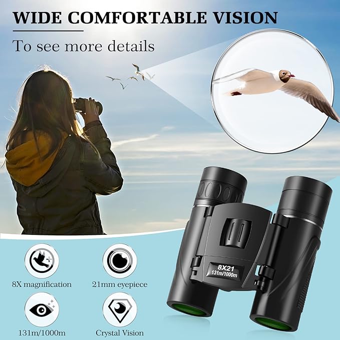 8x21 Mini Lightweight Binoculars, Compact Pocket Binocularsfor Adults Kids, Small Protable Binoculars for Bird Watching Travel Opera Theater Sports Scenery