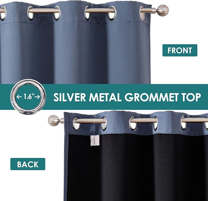 ChrisDowa 100% Blackout Curtains for Bedroom with Black Liner, 2 Thick Layers Total Blackout Thermal Insulated Grommet Window Curtains 2 Panels Set (Stone Blue, 52W x 45L)