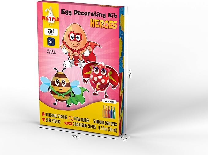 METMA 1999 Egg Decorating Kit Heroes - Complete Decorative Eggs Set with Liquid Dyes, Stickers, Egg Spinner, and More - Fun Easter Egg Dye Kit Arts and Crafts for Kids