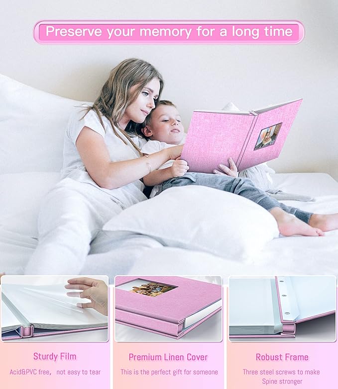 popotop Photo Album Self Adhesive with Picture Display Window,60 Pages DIY Scrapbooking Supplies Kit for 4x6 8x10 Picture,Linen Cover Memory Book for Baby Wedding, with Scraper and Metallic Pen