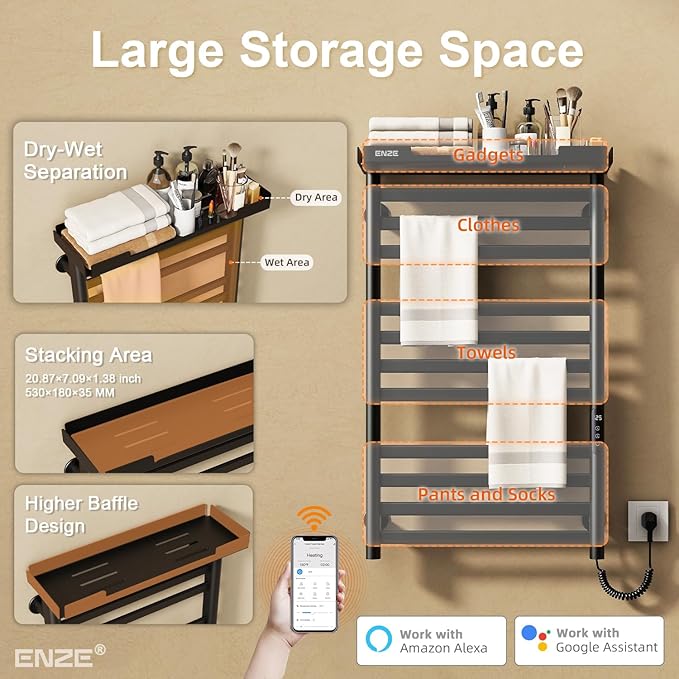 ENZE Heated Towel Rack with Shelf and Wi-Fi App Control, 11 Bars Electric Wall Mounted Towel Warmer with Timer & Adjustable Temperature, Low Carbon Steel, Plug-in/Hardwired, Matte Black