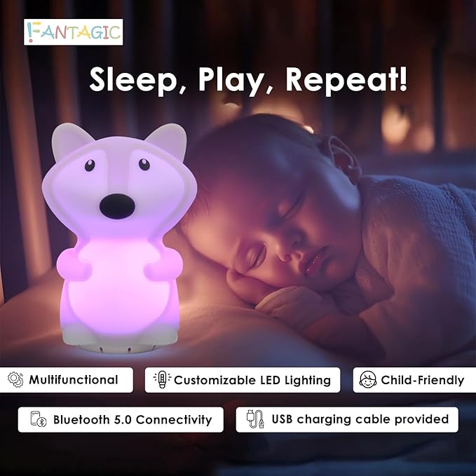 Combined Bluetooth Speaker & Nightlight With 9 Color Emissions, Child Friendly Silicone & BPA Free, USB Recharging, Receives Audio From Computer, Phone Or Tablet, and includes Remote Control (Fox)